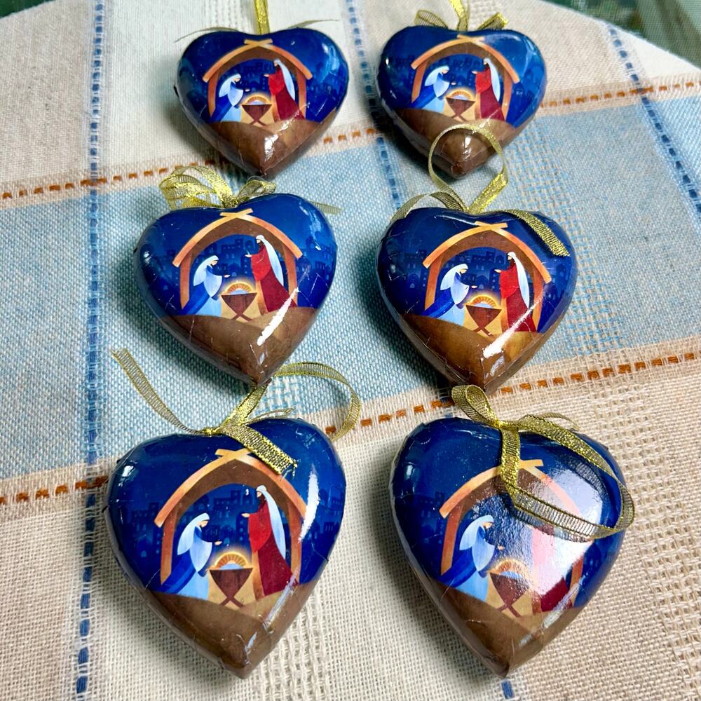 Set of 6 Heart-Shaped Nativity Ornaments – 3.5” Christmas Decor